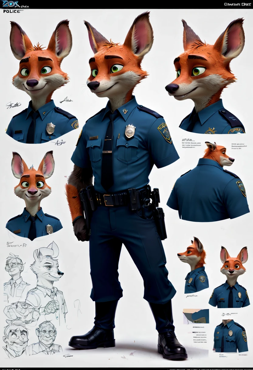 character design sheet, buffalo police, Claude Fox from "Zootopia", (best quality, masterpiece, Representative work, official art, Professional, Ultra intricate detailed, 8k:1.3)