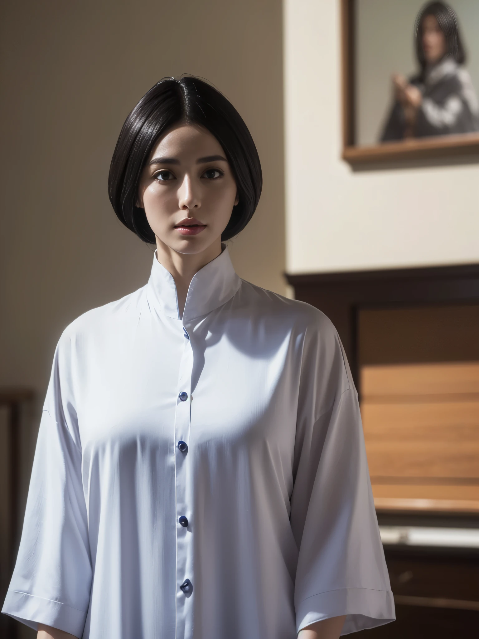 (best quality,4k,8k,highres,masterpiece:1.2),ultra-detailed,(realistic,photorealistic,photo-realistic:1.37),Unohana character,wonderful woman,slim and slim body,casual shirt,modern clothes.