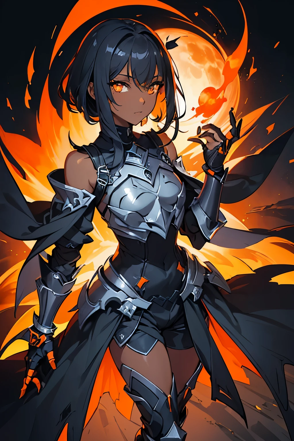 masterpiece, best quality, ((1 Girl)), (colorful),(finely detailed beautiful eyes and detailed face), ((Dark Skin)), lighting,extremely detailed CG unity 8k wallpaper, (light theme:1.6),((one eye is blue and the other orange)), fire, girl, ageless, ((1 female)), body shot,(Tiny smile) (((Game concept art))) ((Black Metallic Gauntlets and Greaves with Orange and Silver Highlightodern Armor)) having mostly the color black, but having parts in orange, shoulders exposed, at the hip a shorts that extend to half of the thigh of black color. ((Black cloak))