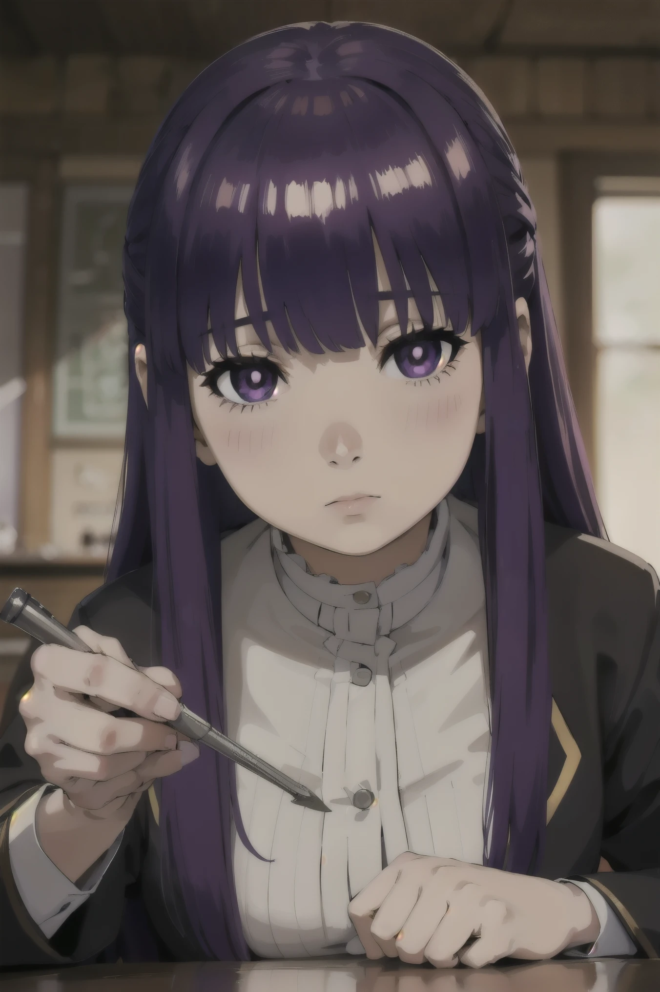 Fern, A girl wearing a purple and Green school uniform. She has purple hair and brown eyes, blushing, hentai