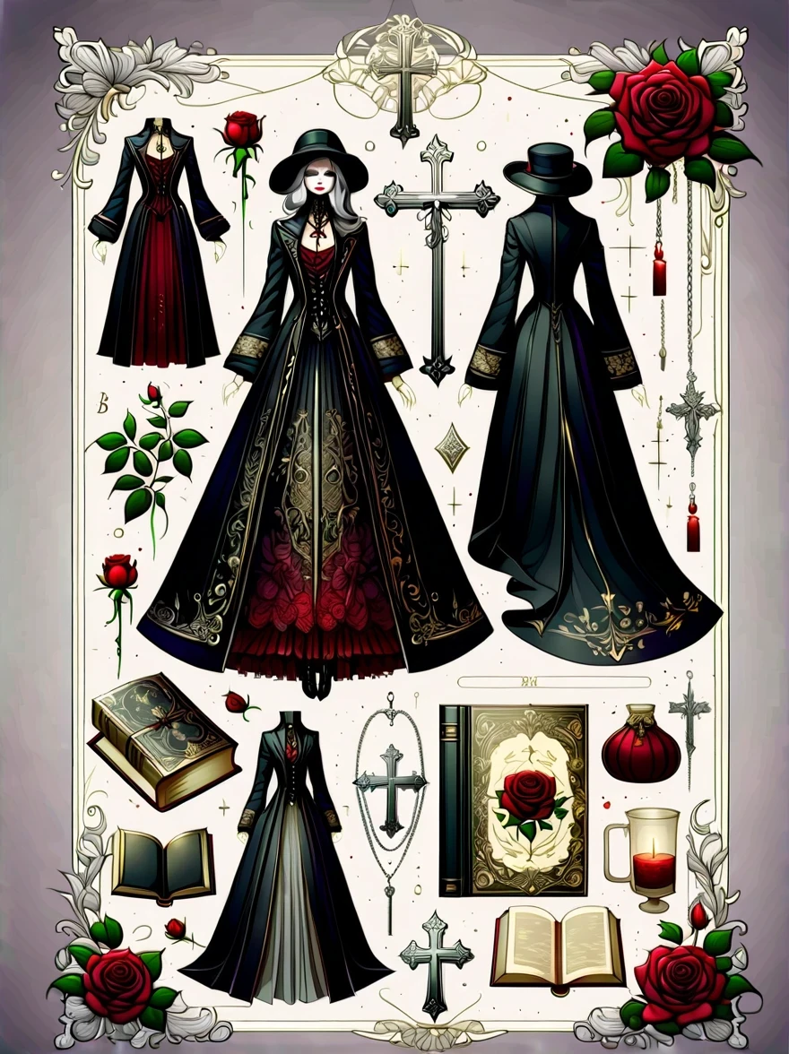 (Gothic character design sheet:1.5),(Scary dolls,Red or dark purple lace、Embroidery and other decorations。She was wearing a long black coat and a tight skirt,Show elegant and mysterious temperament。Wearing a silver cross、chain etc..,old magic book,Romantic roses,(orderly row:1.2,interval:1.2,no overlap:1.2),((clear lines,clean background,White background, ultra high definition, masterpiece, precise, anatomically correct, textured skin, Super detailed, high detail, best quality, 8k))