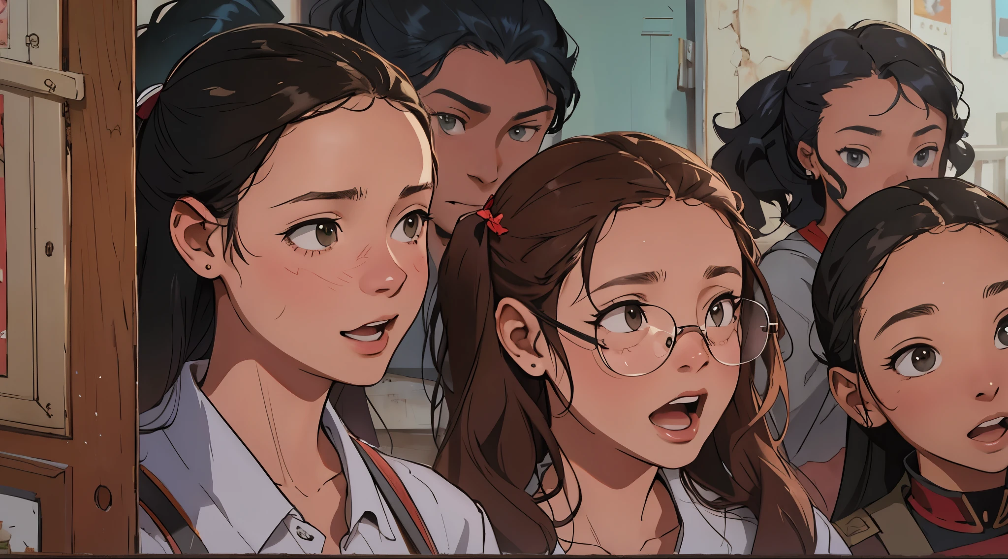 Arafed image of a group of young girls standing in front of a door., Screenshot from a movie, featured movie scene, movie scene de acción real, frame from a movie, movie scene, frame from a movie de acción real, She has a distant expression, still frame from a movie, ruan jia and brom, ella tiene una linda cara expresiva