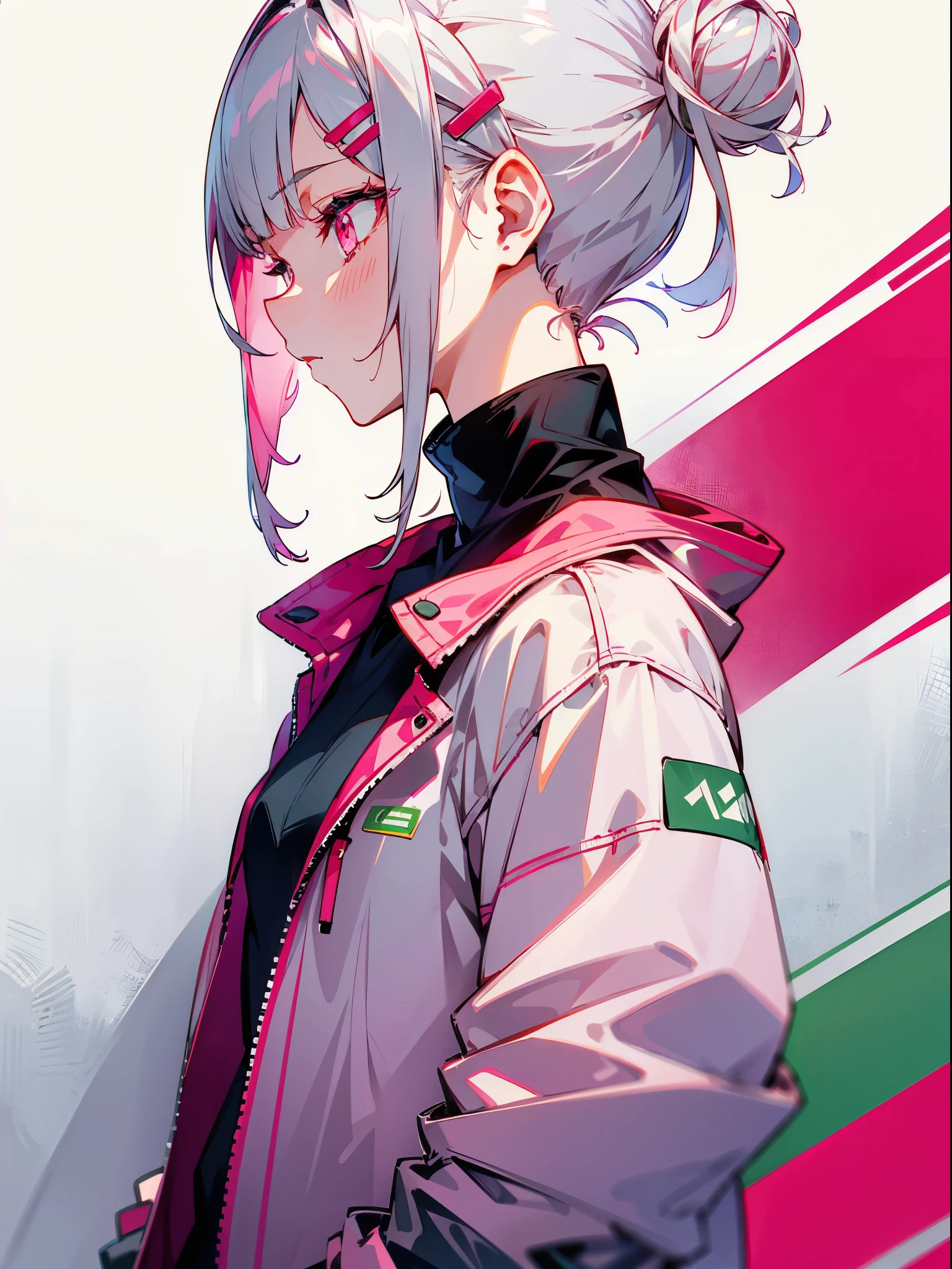 with one girl、Short silver bob hair tied into a bun with a hair clip、pink eyes、profile、Wear a rider&#39;s jacket、Colors based on red and green