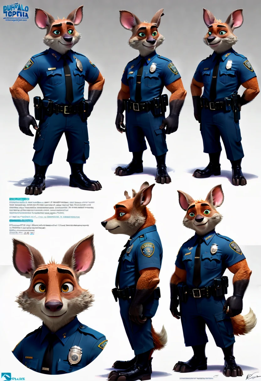 character design sheet, buffalo police, Claude from "Zootopia", (best quality, masterpiece, Representative work, official art, Professional, Ultra intricate detailed, 8k:1.3)