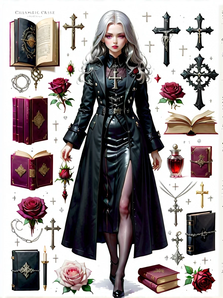 （Gothic character design sheet:1.5），(Scary dolls，Red or dark purple lace、Embroidery and other decorations。She was wearing a long black coat and a tight skirt，Show elegant and mysterious temperament。Wearing a silver cross、chain etc..，old magic book，Romantic roses，（orderly row:1.2，interval:1.2，no overlap:1.2），((clear lines，clean background，White background, ultra high definition, masterpiece, precise, anatomically correct, textured skin, Super detailed, high detail, best quality, 8k))