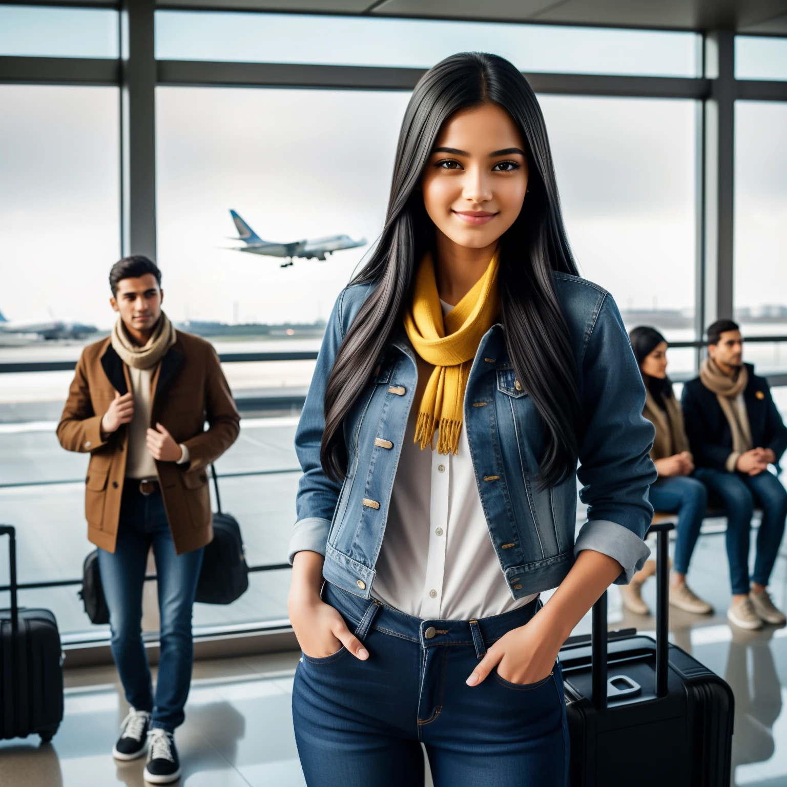 A young beautiful girl, pretty black eyes, beautiful smiles, long black hair, perfect body, wearing blue denim pencil jeans, white shirt, khaki scarf, brown jacket, white sneakers, black bacpack, carrying yellow suitcase, standing in an airport's huge waiting room full of people, big window glass where you can see planes on runways as the background, a masterpiece photography, dynamic pose, super realistic, super detail, soft lighting, lens flare, 8K
