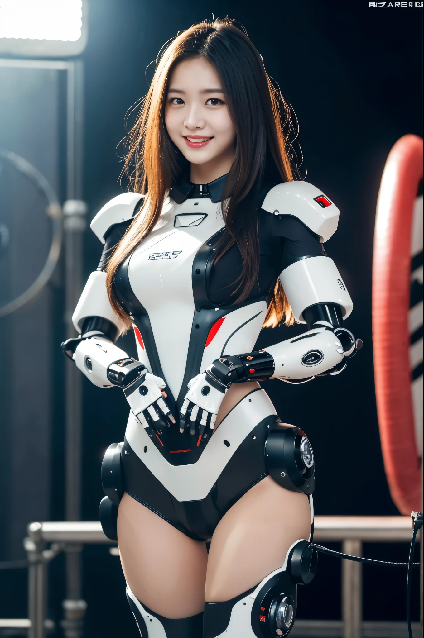 (((a powered exoskeleton))),(((arm robot armor))),(((foot robot armor))),(((carry the robot arm equipment on one's back))),(((standing))),(((bare inner thigh))), ulzzang-6500-v1.1, (Raw photo:1.2), (Photo realistic:1.4), a beautiful detailed girl, extremely detailed eye and face, beautiful detailed eyes, ultra-detailed, High resolution, top-quality, masterpiece, highly detailed, 8k wallpaper, Wonderful, finely detail, top-quality, Light on the face, movie lighting, 1girl in, (robot hangar), Beautiful eyes, smile, Opening Mouth