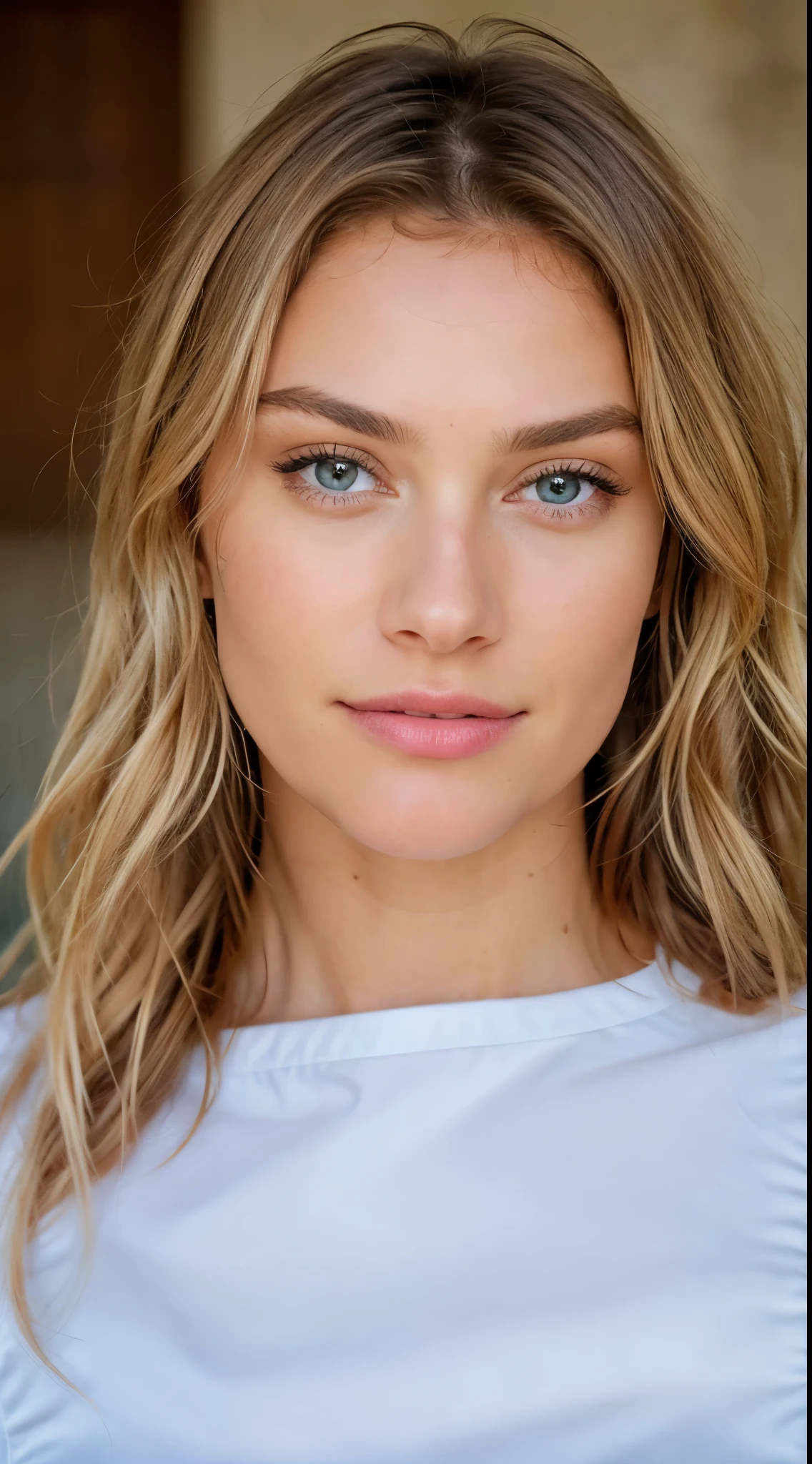 visage d'une Belle blonde 1m55 portant un décolté blanc, Very detailed, regarde bien l'objectif, 18 ans, visage innocent, natural wavy hair, yeux bleus, high resolution, chef-d&#39;artwork, best quality, intricate details, Very detailed, Sharpness, detailed skin, realistic skin Texture, Texture, Detailed eyes, professionnel, 4K, Sourire charmant, shot with Canon, 85mm, faible profondeur de champ, couleur de vision kodak, corps parfaitement ajusté , extremely detailed, la photographie_\(ultra\), Photorealistic, realistic, Post-traitement, maximum details, roughness, vrai vie, ultra realistic, Photorealism, la photographie, 8k UHD, la photographie