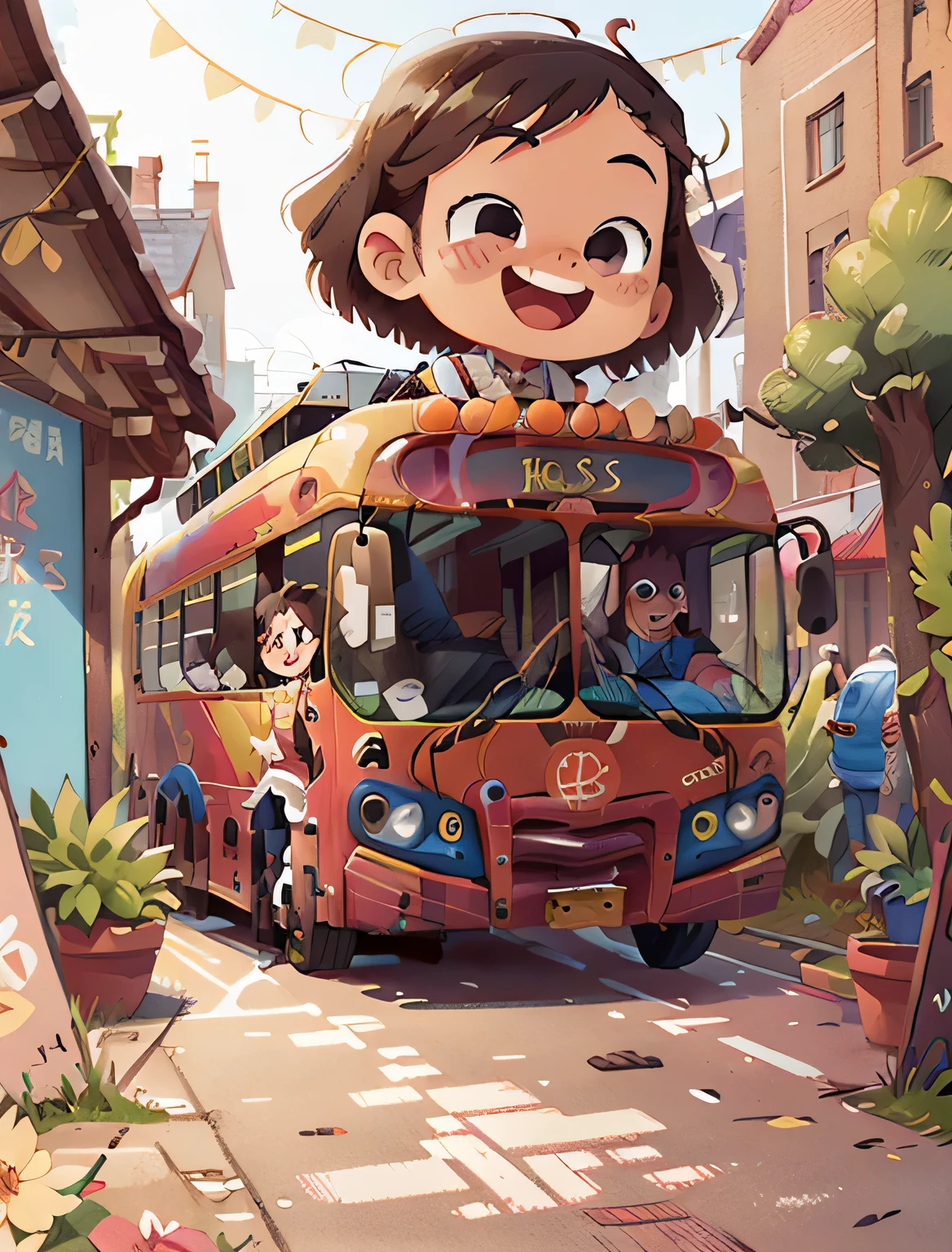 
(background):"(There are many buses stopping:1.3)"

be familiar withな描写と最high qualityで描かれている,high quality、be familiar with、超be familiar with、驚くほどbe familiar with、fhd,Picture book cover,  , perfect quality, clear focus, colorful, Happy,Happy.perfect face, 複雑なbe familiar with, super low viewing angle, Wide angle lens --v 6　([308485191])