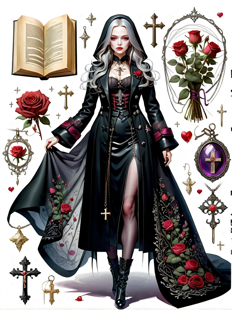 (Gothic character design sheet:1.5),(Scary dolls,Red or dark purple lace、Embroidery and other decorations。She was wearing a long black coat and a tight skirt,Show elegant and mysterious temperament。Wearing a silver cross、chain etc..,old magic book,Romantic roses,(orderly row:1.2,interval:1.2,no overlap:1.2),((clear lines,clean background,White background, ultra high definition, masterpiece, precise, anatomically correct, textured skin, Super detailed, high detail, best quality, 8k))