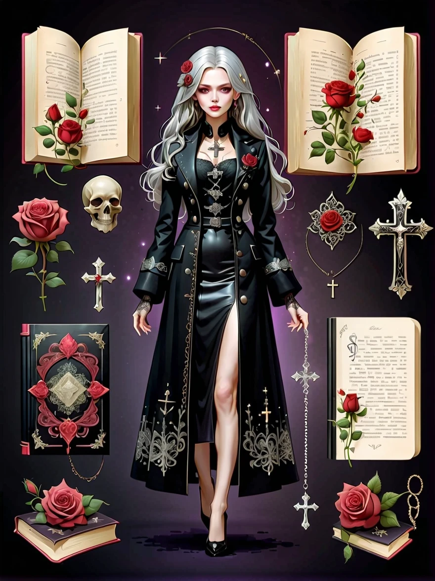 （Gothic character design sheet:1.5），(Scary dolls，Red or dark purple lace、Embroidery and other decorations。She was wearing a long black coat and a tight skirt，Show elegant and mysterious temperament。Wearing a silver cross、chain etc..，old magic book，Romantic roses，（orderly row:1.2，interval:1.2，no overlap:1.2），((clear lines，clean background，White background, ultra high definition, masterpiece, precise, anatomically correct, textured skin, Super detailed, high detail, best quality, 8k))