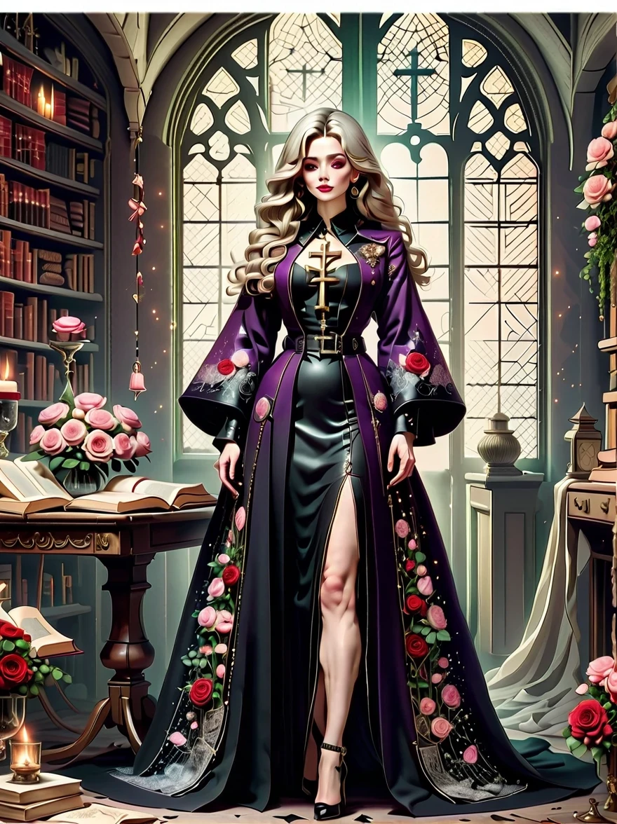 （character design sheet:1.5），(Scary dolls，Red or dark purple lace、Embroidery and other decorations。She was wearing a long black coat and a tight skirt，Show elegant and mysterious temperament。Wearing a silver cross、chain etc..，old magic book，Romantic roses，（orderly row:1.2，interval:1.2，no overlap:1.2），((clear lines，clean background，White background, ultra high definition, masterpiece, precise, anatomically correct, textured skin, Super detailed, high detail, best quality, 8k))