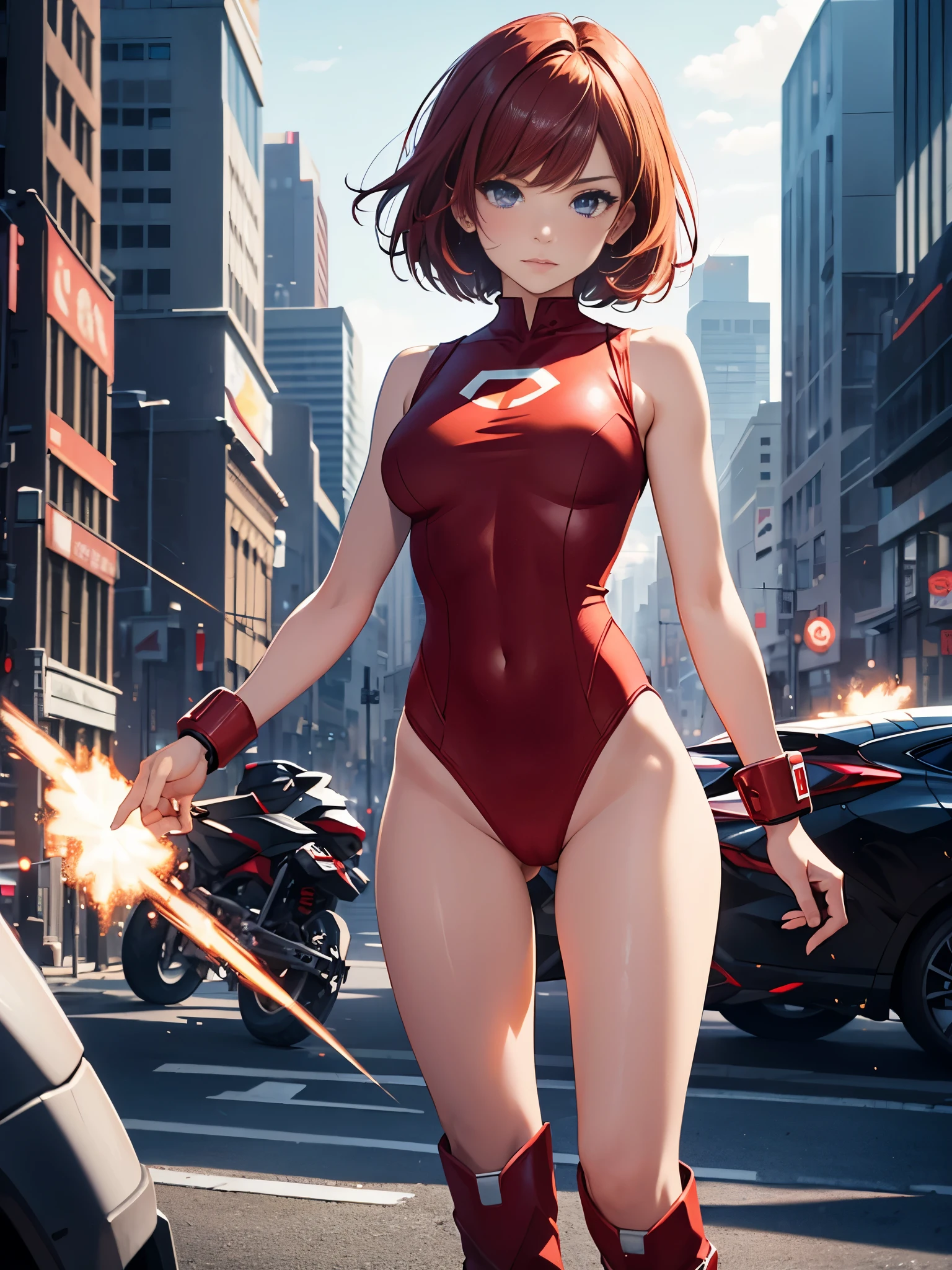 masterpiece, best quality, 1girl, medium breasts, leotard, red leotard with white accents, (sleeveless, midriff), bare legs, boots, matching boots, bracelets, city backdrop, solo, single, standing, full body shot, cowboy shot, beautiful detailed eyes, red hair, short hair, bob hair, superhero, (glow, powering up, light particles)