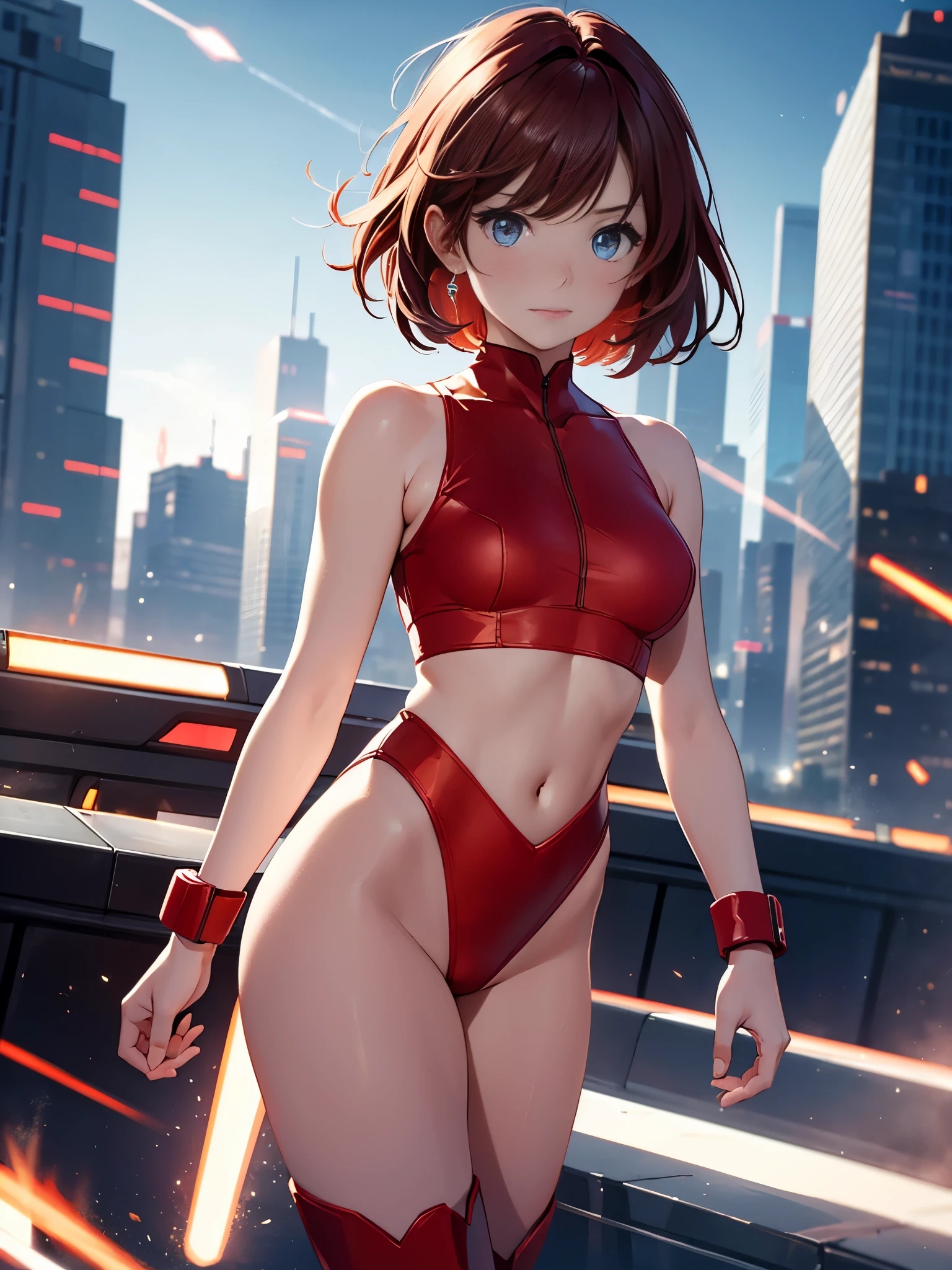 masterpiece, best quality, 1girl, medium breasts, leotard, red leotard with white accents, (sleeveless, midriff), bare legs, boots, matching boots, bracelets, city backdrop, solo, single, standing, full body shot, cowboy shot, beautiful detailed eyes, red hair, short hair, bob hair, superhero, (glow, powering up, light particles)