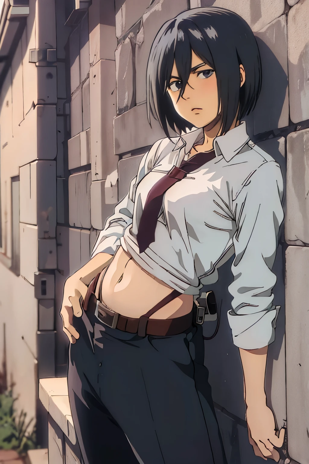 Mikasa Ackerman, leaning against the wall, looking at viewer, belly