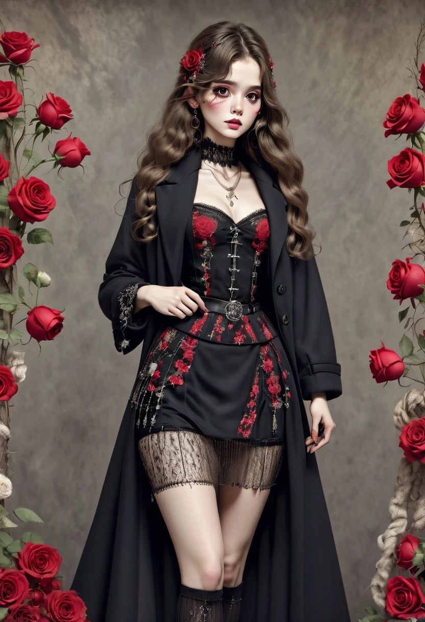 (character design sheet:1.5),Scary dolls,(orderly row:1.2,interval:1.2,no overlap:1.2),Red or dark purple lace、Embroidery and other decorations。She was wearing a long black coat and a tight skirt,Show elegant and mysterious temperament。Wearing a silver cross、chain etc..,old magic book,Romantic roses, ultra high definition, masterpiece, precise, anatomically correct, textured skin, Super detailed, high detail, best quality, 8k