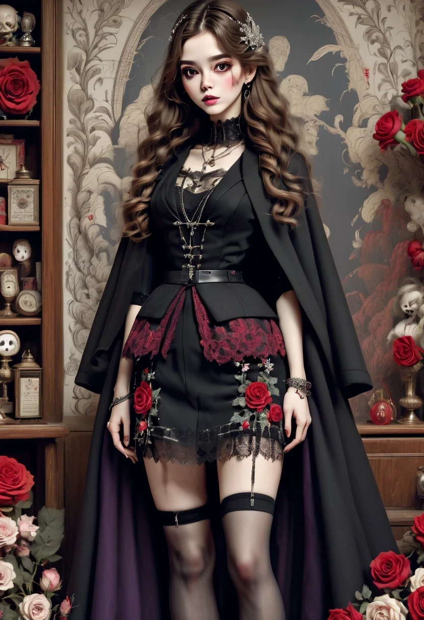 (character design sheet:1.5),Scary dolls,(orderly row:1.2,interval:1.2,no overlap:1.2),Red or dark purple lace、Embroidery and other decorations。She was wearing a long black coat and a tight skirt,Show elegant and mysterious temperament。Wearing a silver cross、chain etc..,old magic book,Romantic roses, ultra high definition, masterpiece, precise, anatomically correct, textured skin, Super detailed, high detail, best quality, 8k