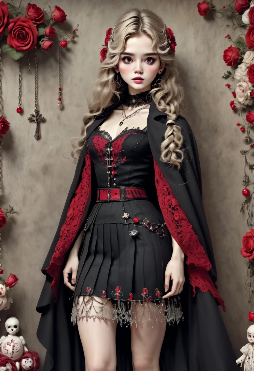 (character design sheet:1.5),Scary dolls,(orderly row:1.2,interval:1.2,no overlap:1.2),Red or dark purple lace、Embroidery and other decorations。She was wearing a long black coat and a tight skirt,Show elegant and mysterious temperament。Wearing a silver cross、chain etc..,old magic book,Romantic roses, ultra high definition, masterpiece, precise, anatomically correct, textured skin, Super detailed, high detail, best quality, 8k