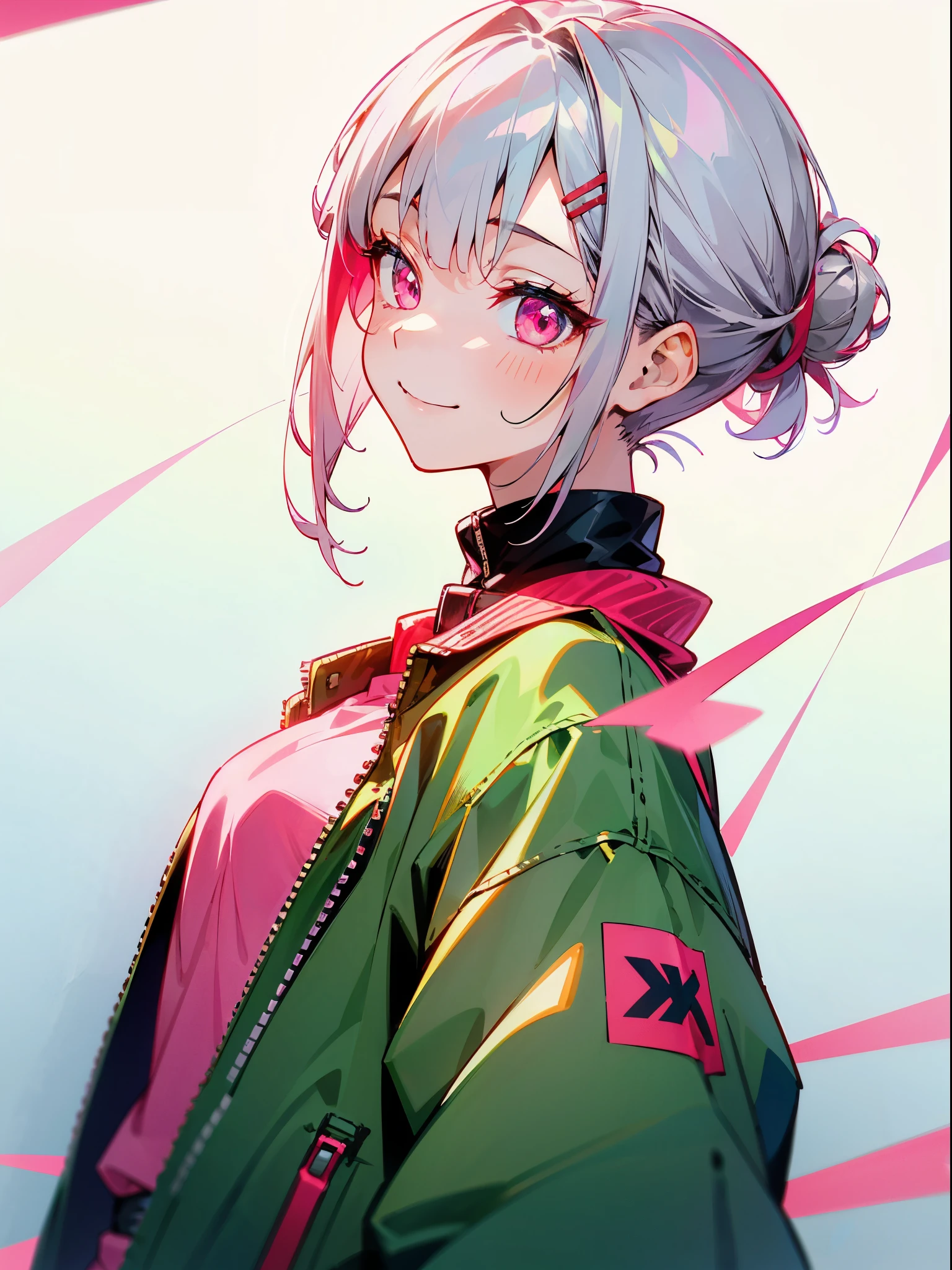 with one girl、Short silver bob hair tied into a bun with a hair clip、pink eyes、smile、From the side、Wear a rider&#39;s jacket、Colors based on red and green