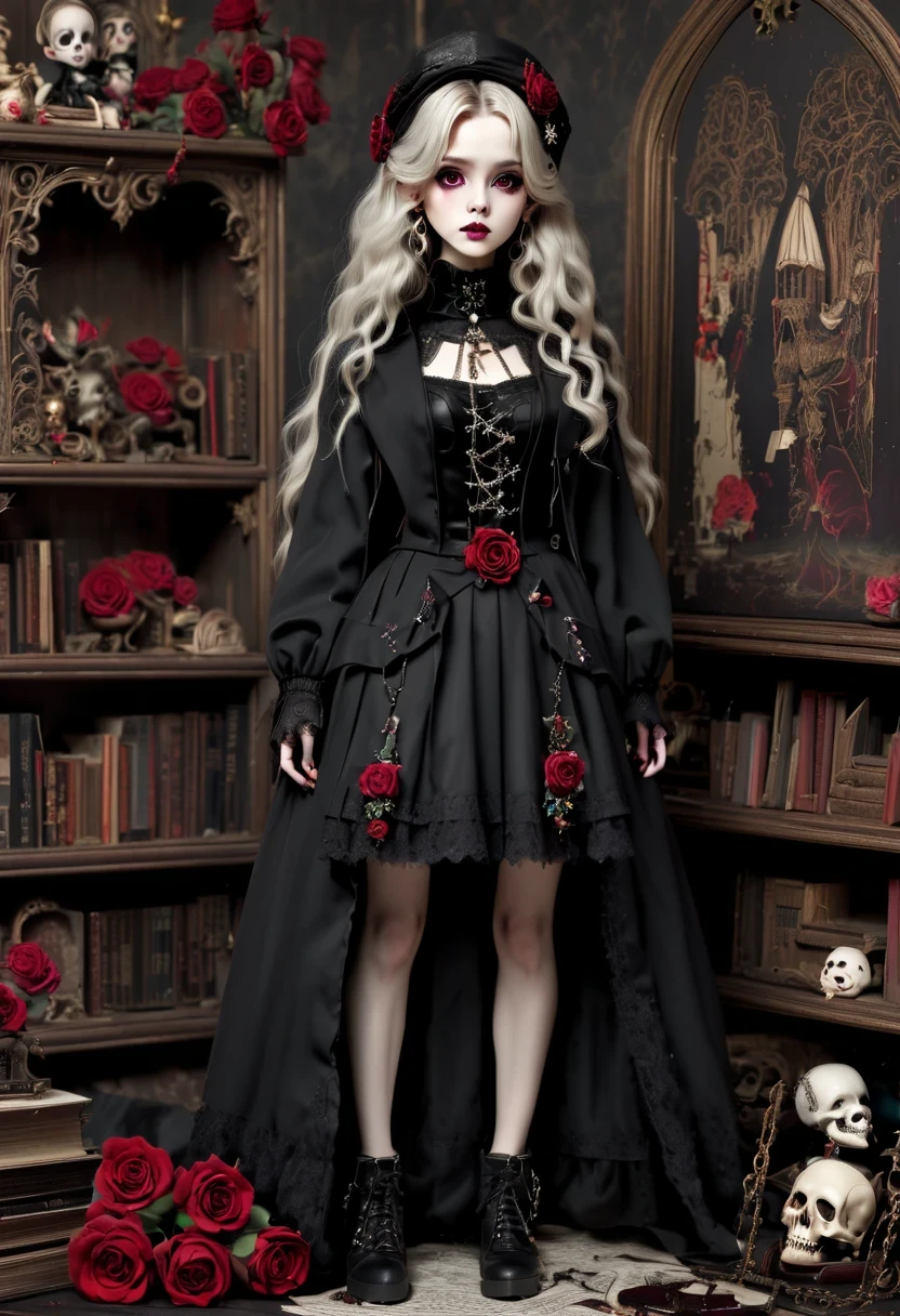 (Gothic character design sheet:1.5)，Scary dolls，Red or dark purple lace、Embroidery and other decorations。She was wearing a long black coat and a tight skirt，Show elegant and mysterious temperament。Wearing a silver cross、chain etc..，old magic book，Romantic roses，