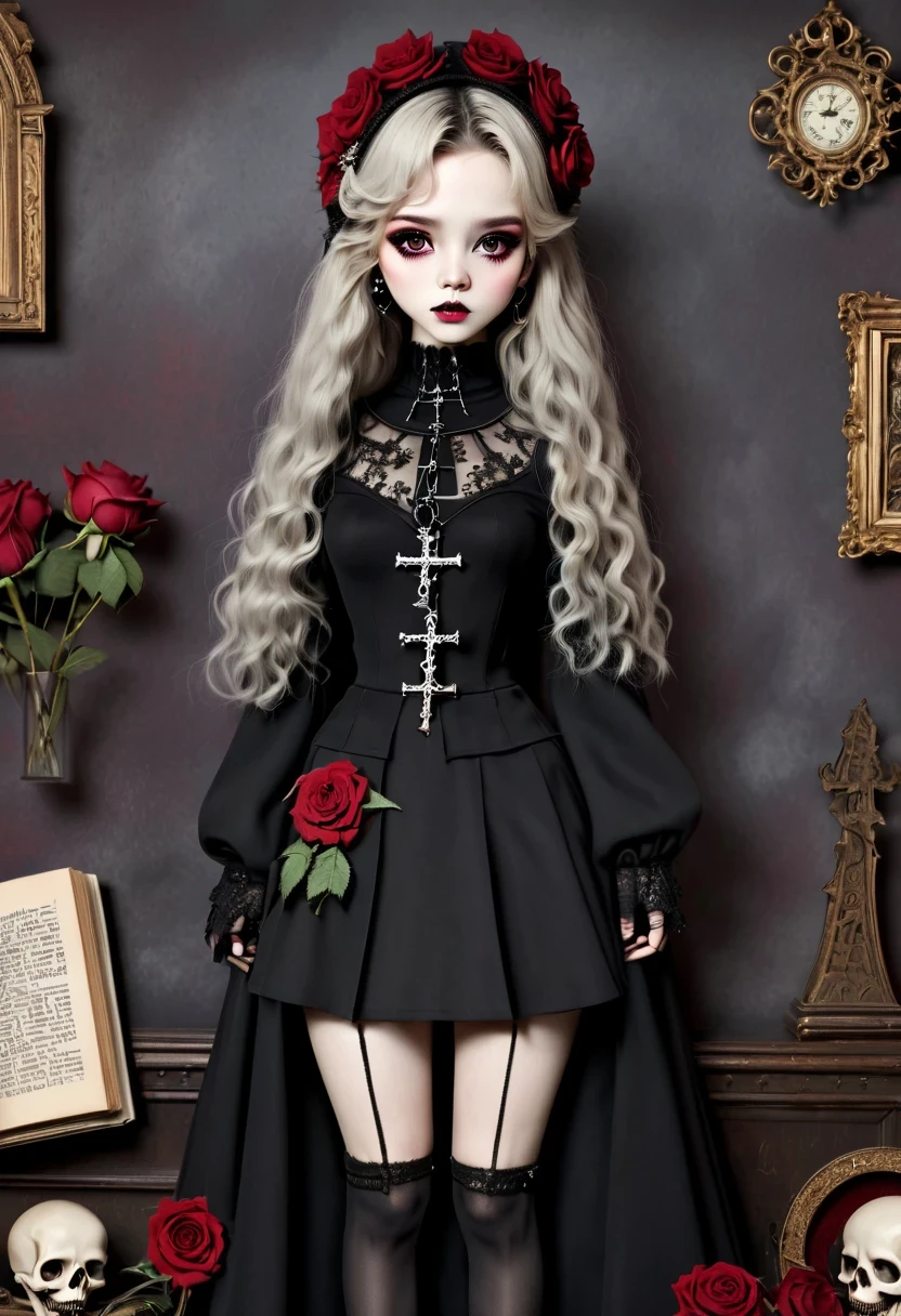 (Gothic character design sheet:1.5),Scary dolls,Red or dark purple lace、Embroidery and other decorations。She was wearing a long black coat and a tight skirt,Show elegant and mysterious temperament。Wearing a silver cross、chain etc..,old magic book,Romantic roses,