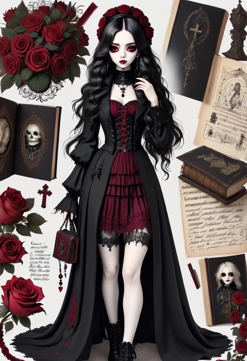 (Gothic character design sheet:1.5),Scary dolls,Red or dark purple lace、Embroidery and other decorations。She was wearing a long black coat and a tight skirt,Show elegant and mysterious temperament。Wearing a silver cross、chain etc..,old magic book,Romantic roses,