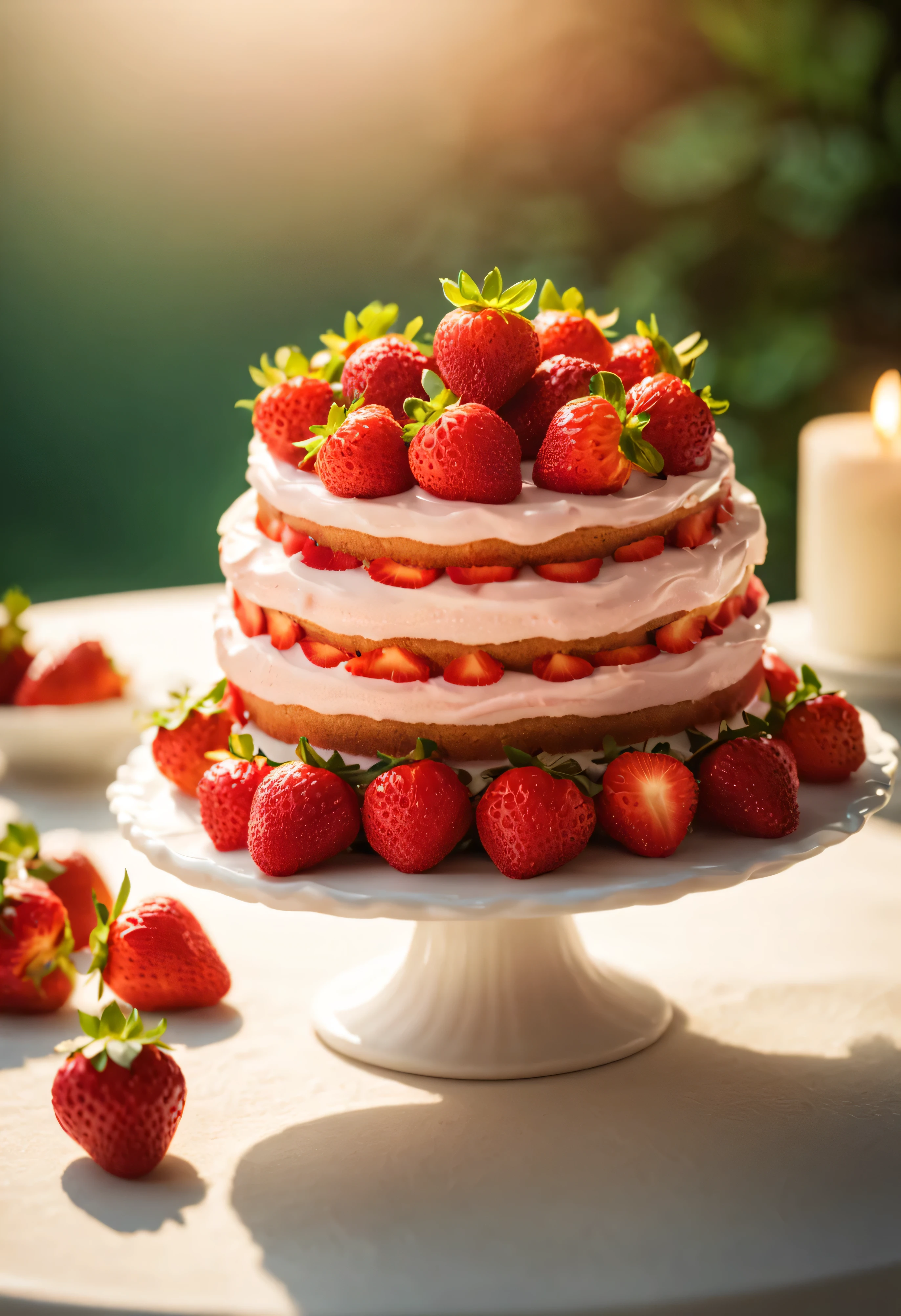 Beautiful and exquisite one tier birthday cake:1.4,fresh strawberries. lifelike, tasty.Fresh and bright light and shadow.bokeh background.leave a space.No text.(best quality,4k,8k,high resolution,masterpiece:1.2),super detailed,(actual,photoactual,photo-actual:1.37),anatomically correct.Perfect composition and texture.