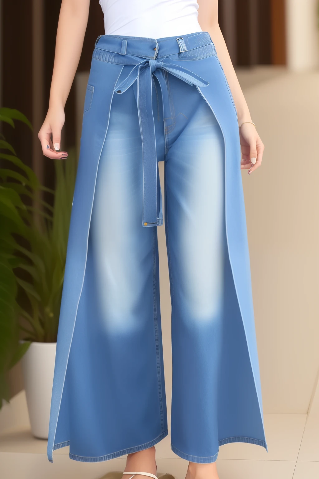 a woman wearing a white top and jeans azul with a tie belt, jean pants, jeans pants, large pants, jeans largos, jeans azul. Irreal 5, jeans jeans, jeans azul, jeans, jeans, blue pants, vestindo pantss, baggy pants, ( ( ( vestindo pantss ) ) ), azul escuro, vestindo pantss, pants, wearing only pants