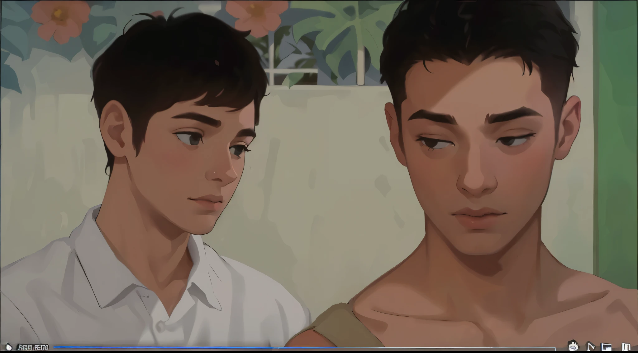 a close-up of two young men standing one behind the other, the one in front is shirtless, the one in the back is looking at his back to treat his wounds