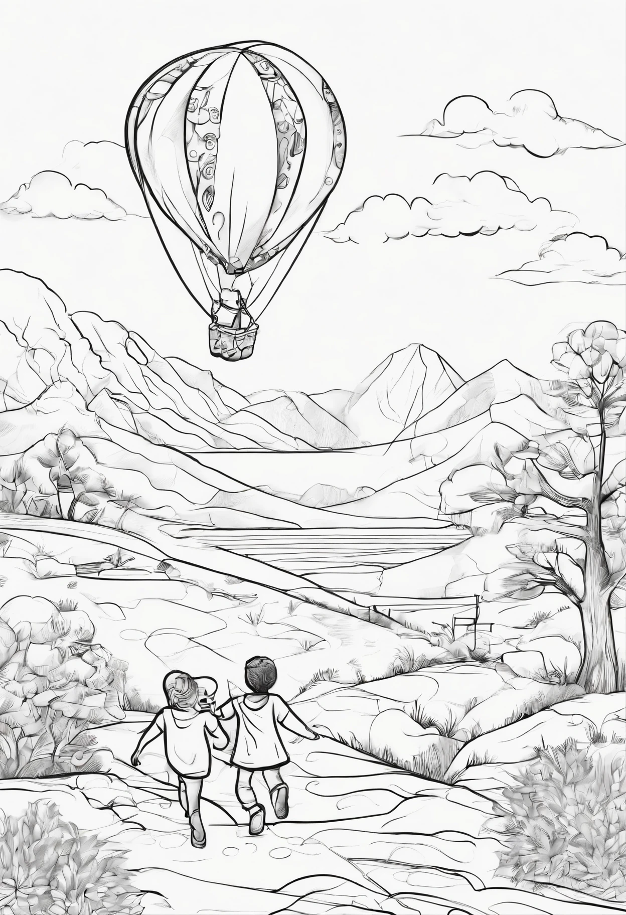 Black and white outline art coloring book pages,, Two friends helping each other launch their kites into the air. children's style, white background, whole body, sketch style, full body ((white background)), only outlines used, cartoon style, lines, coloring book, clean lines, background. White, Sketch style, Coloring page for kids, cartoon style, clean line art high detailed, no background, white, black, coloring book, sketchbook, realistic sketch, free lines, on paper