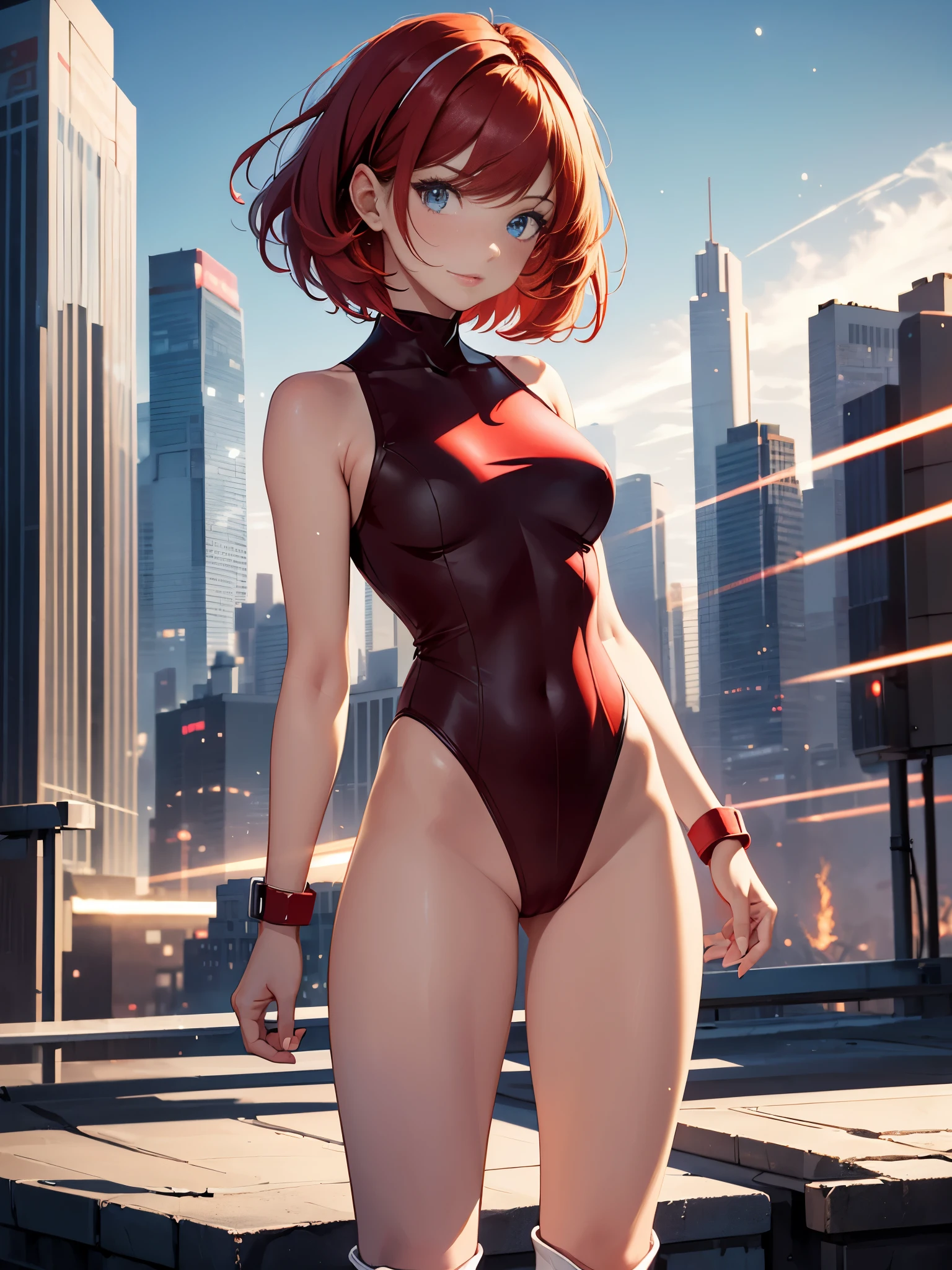 masterpiece, best quality, 1girl, medium breasts, leotard, red leotard with white accents, (sleeveless, midriff), bare legs, boots, matching boots, bracelets, city backdrop, solo, single, standing, full body shot, cowboy shot, beautiful detailed eyes, red hair, short hair, bob hair, superhero, (glow, powering up, light particles)