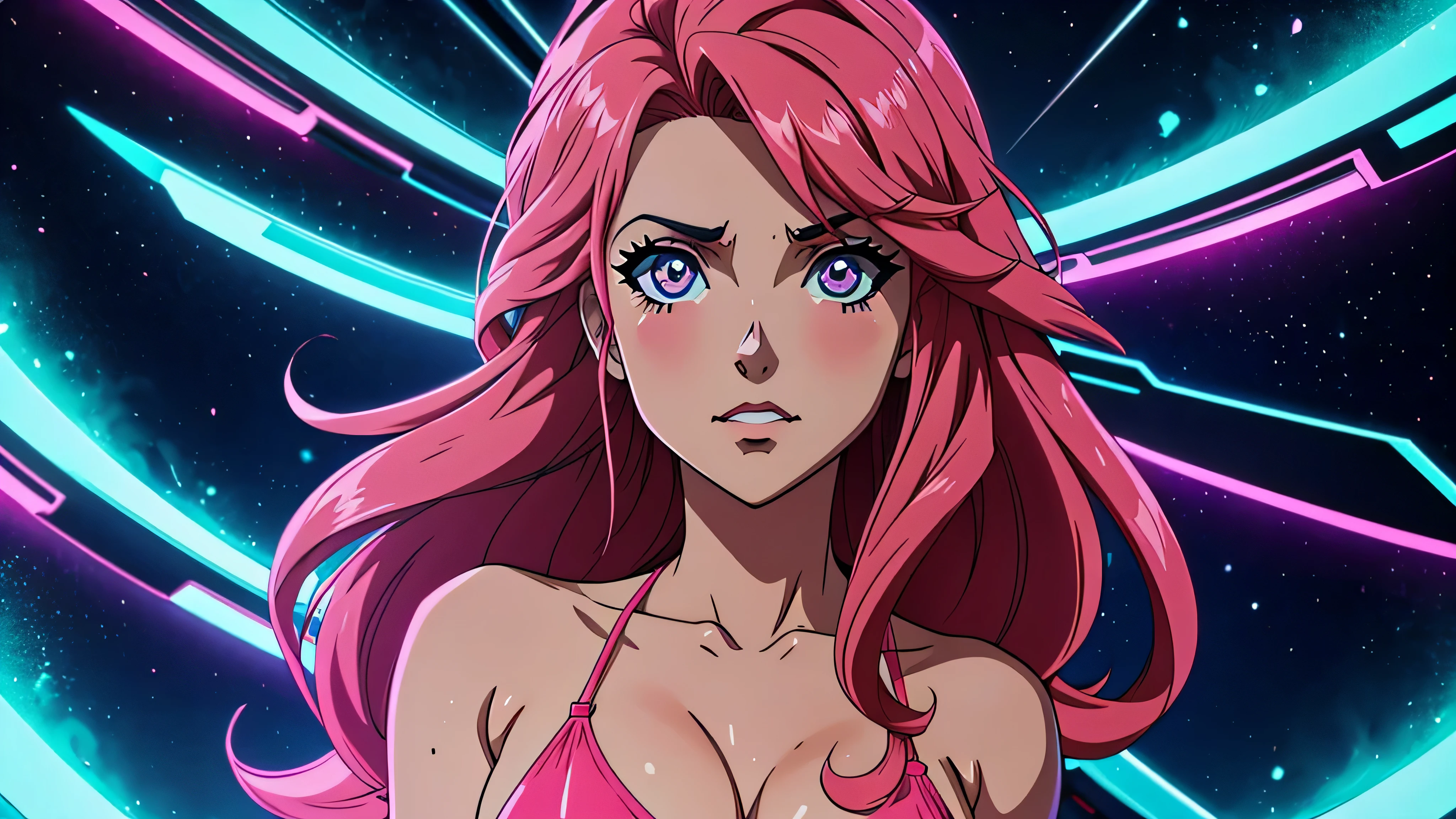 melhor qualidade, garota de anime, corpo inteiro triste, ambiente escuro, rosa neon