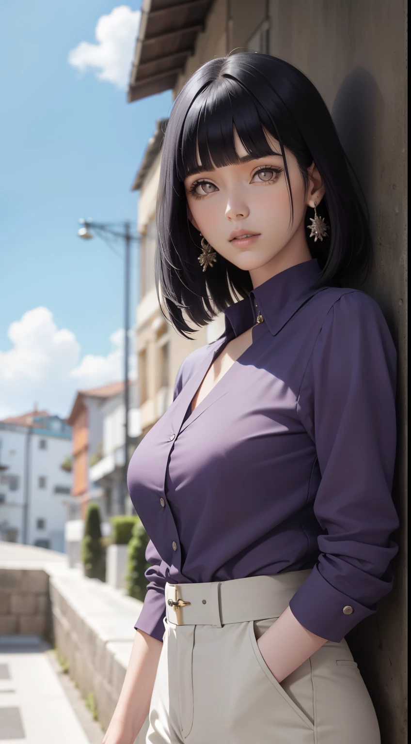 hinata from anime naruto, pelo negro, cabello corto, golpes, ojos morados claros, using mascara, Cuerpo perfecto, pechos perfectos, mujer hermosa, muy hermoso, vistiendo una camisa formal violeta claro, Vestido elegante, Traje formal, vistiendo una chaqueta blanca, pantalones malva, Llevar bolso, usando reloj, Usando aretes, estar en la ciudad, borde del camino, espacio publico, Realism, Obra maestra, cuero texturizado, super detailed, alto detallado, Alta calidad, Mejor calidad, 1080P, hd, 16k