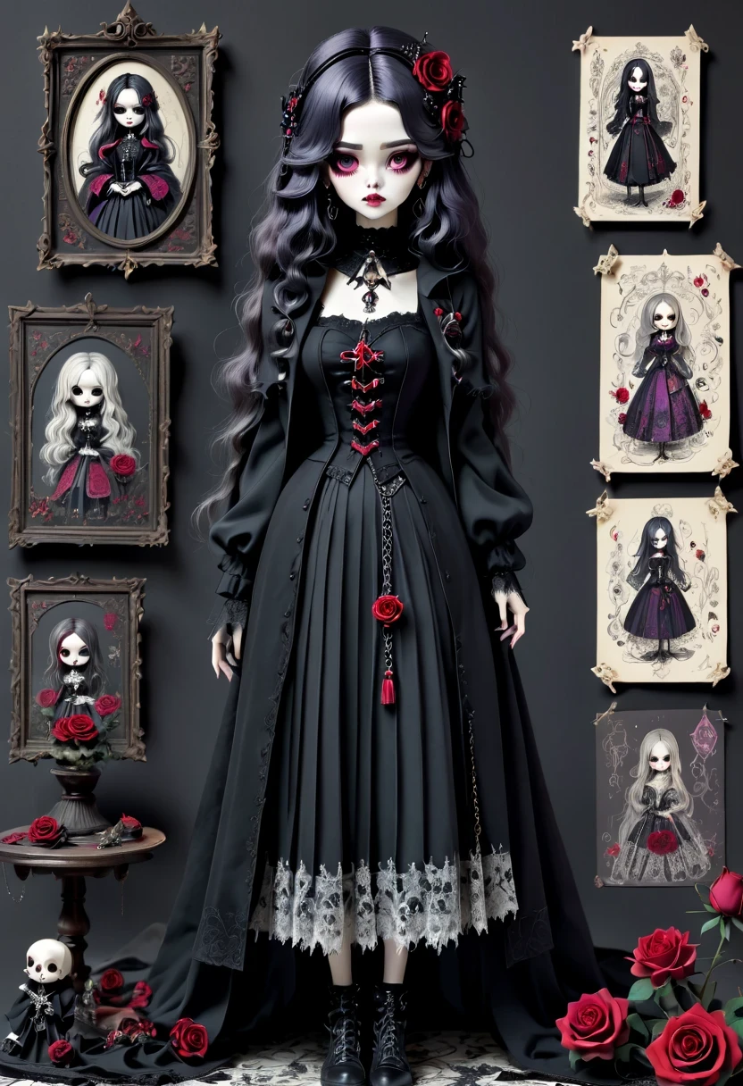 (Gothic character design sheet:1.5)，Scary dolls，Red or dark purple lace、Embroidery and other decorations。She was wearing a long black coat and a tight skirt，Show elegant and mysterious temperament。Wearing a silver cross、chain etc..，old magic book，Romantic roses，