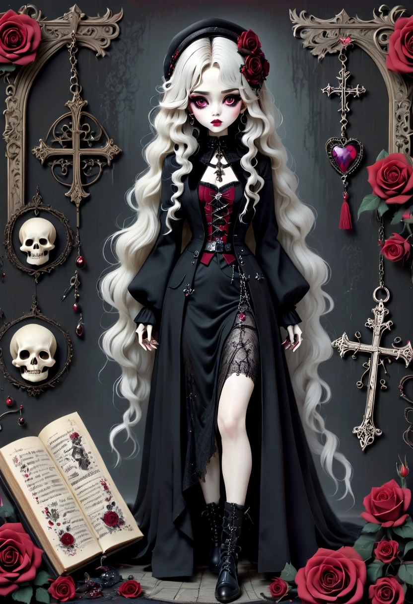 （Gothic character design sheet:1.5），(Scary dolls，Red or dark purple lace、Embroidery and other decorations。She was wearing a long black coat and a tight skirt，Show elegant and mysterious temperament。Wearing a silver cross、chain etc..，old magic book，Romantic roses，（orderly row:1.2，interval:1.2，no overlap:1.2），((clear lines，clean background，White background, ultra high definition, masterpiece, precise, anatomically correct, textured skin, Super detailed, high detail, best quality, 8k))