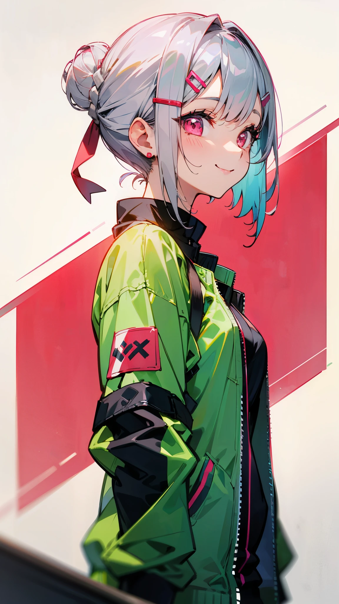 with one girl、Short silver bob hair tied into a bun with a hair clip、pink eyes、smile、From the side、Wear a rider&#39;s jacket、Colors based on red and green