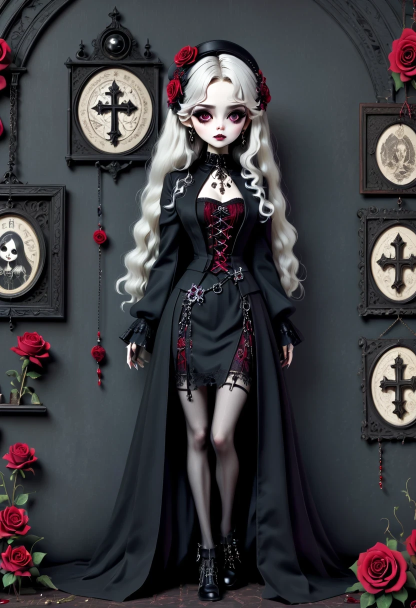（Gothic character design sheet:1.5），(Scary dolls，Red or dark purple lace、Embroidery and other decorations。She was wearing a long black coat and a tight skirt，Show elegant and mysterious temperament。Wearing a silver cross、chain etc..，old magic book，Romantic roses，（orderly row:1.2，interval:1.2，no overlap:1.2），((clear lines，clean background，White background, ultra high definition, masterpiece, precise, anatomically correct, textured skin, Super detailed, high detail, best quality, 8k))