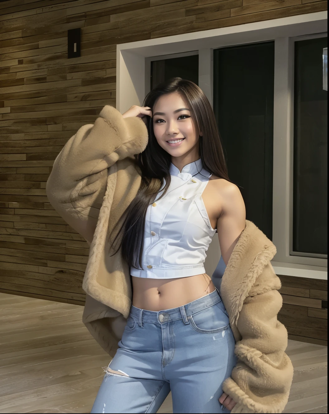 Young Thai woman, Fit physique, fitness physique, portant de la lingerie noire sexy, watch on the canapé, les jambes ouvertes, corps sexy, (8K), (best quality), (chef-d&#39;artwork:1.3), (realistic), (Photorealistic:1.34), ultra-detailed, [Beautiful detailed eyes], (sourire), (sourire), (beautiful detailed nose), [cheveux blonds très longs], (haut court), lingerie noire, (superbes seins taille normale), (gros plan), profondeur de champ, full body view, sitting on the sofa, legs spread, montrant l&#39;entrejambe, pieds en l'air