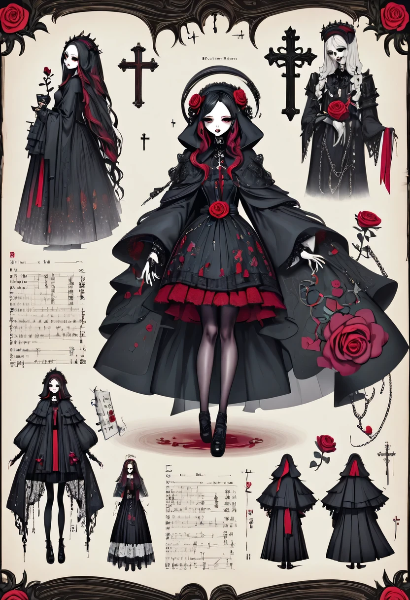 (Gothic character design sheet:1.5)，Scary dolls，Red or dark purple lace、Embroidery and other decorations。She was wearing a long black coat and a tight skirt，Show elegant and mysterious temperament。Wearing a silver cross、chain etc..，old magic book，Romantic roses，