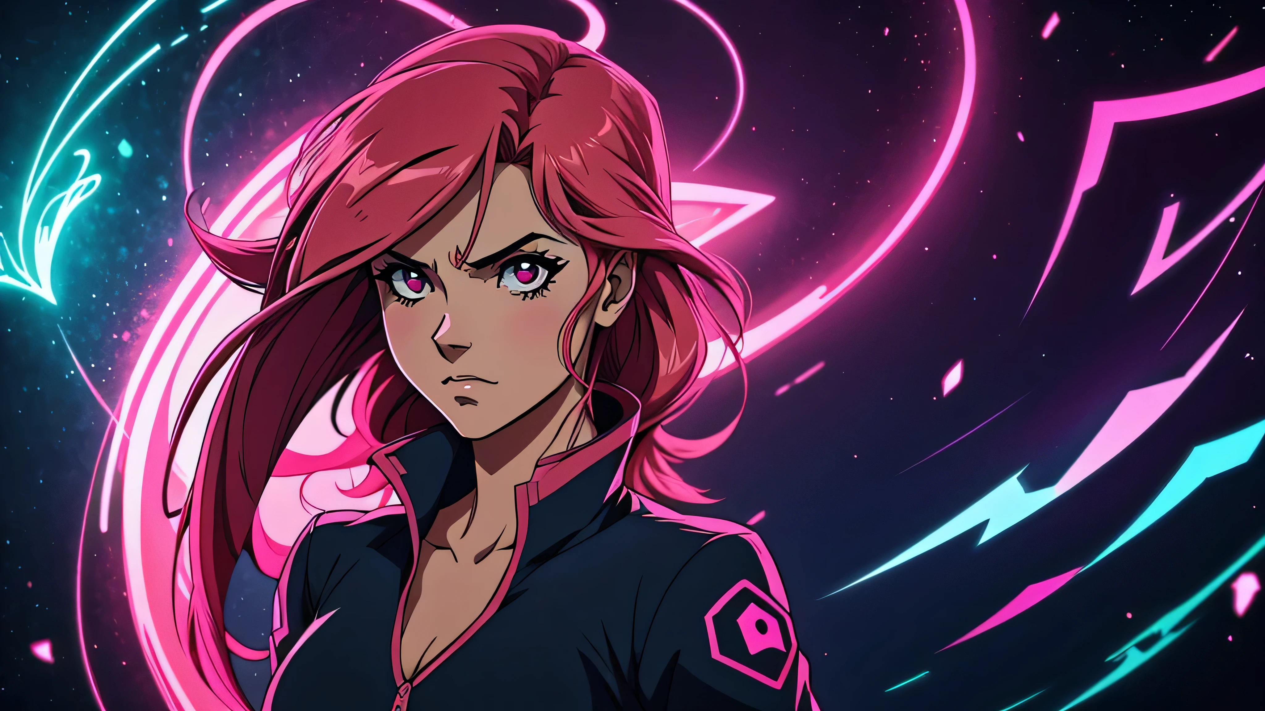 melhor qualidade, garota de anime, corpo inteiro triste, ambiente escuro, rosa neon
