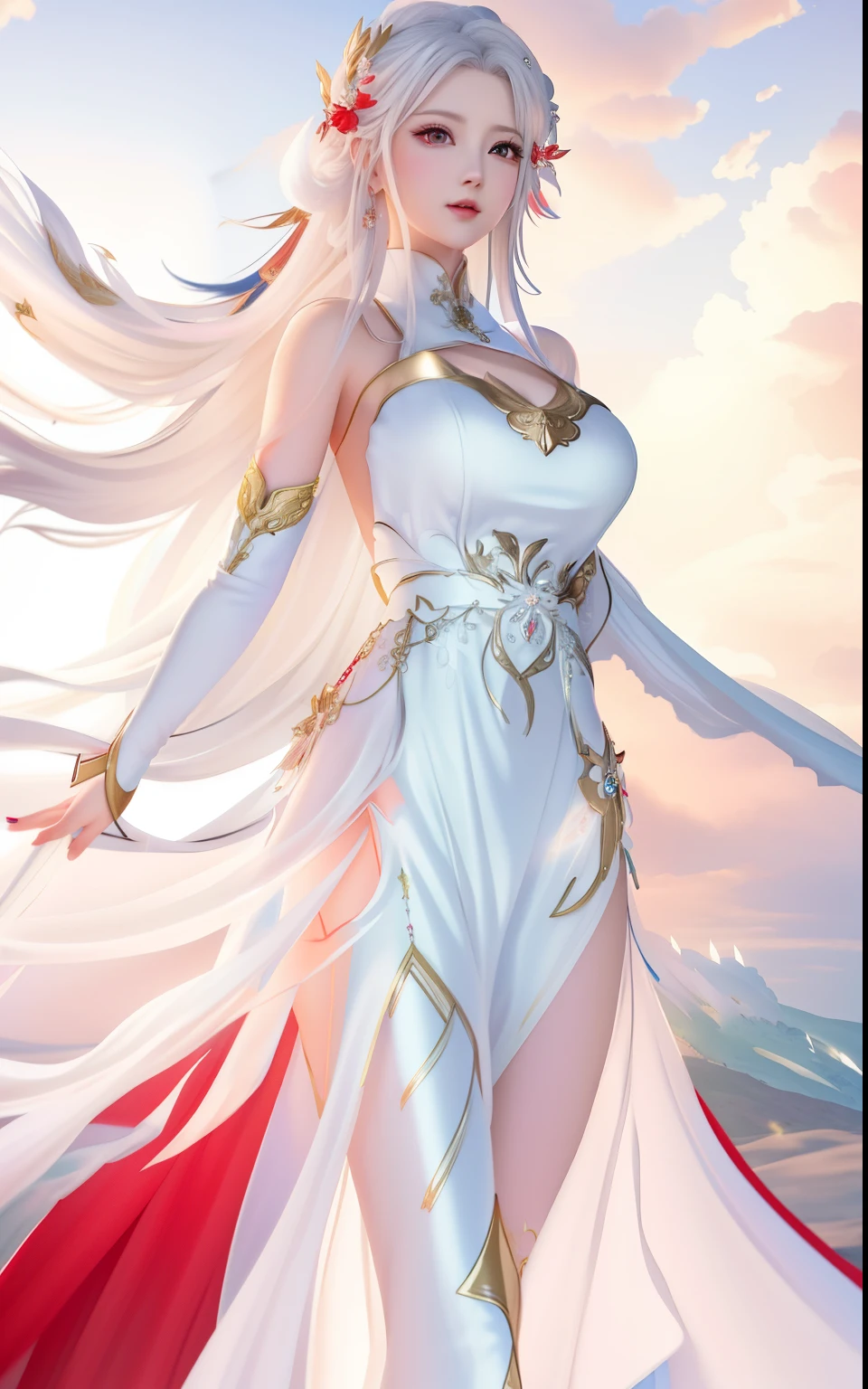 a woman in a white dress standing on a mountain with a red cape, anime goddess, beautiful alluring anime woman, a beautiful fantasy empress, extremely detailed artgerm, a beautiful sorceress, flowing magical robe, ((a beautiful fantasy empress)), beautiful anime woman, beautiful sorceress, beautiful character painting, style artgerm, flowing white robes