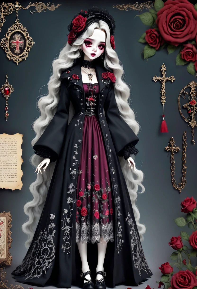 （Gothic character design sheet:1.5），(Scary dolls，Red or dark purple lace、Embroidery and other decorations。She was wearing a long black coat and a tight skirt，Show elegant and mysterious temperament。Wearing a silver cross、chain etc..，old magic book，Romantic roses，（orderly row:1.2，interval:1.2，no overlap:1.2），((clear lines，clean background，White background, ultra high definition, masterpiece, precise, anatomically correct, textured skin, Super detailed, high detail, best quality, 8k))