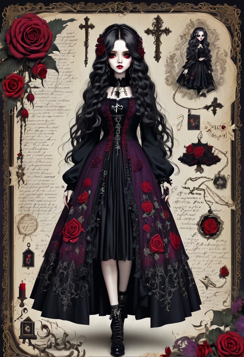 (Gothic character design sheet:1.5),Scary dolls,Red or dark purple lace、Embroidery and other decorations。She was wearing a long black coat and a tight skirt,Show elegant and mysterious temperament。Wearing a silver cross、chain etc..,old magic book,Romantic roses,
