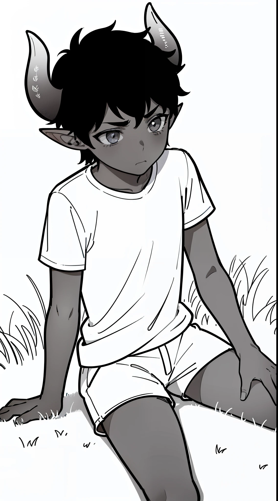 (1boy,8 ,small),solo,((dark skin)),((white shirt,short sleeves,black shorts,black hair,elf ears,(horns),(white background,line drawing),sitting on grass,sad