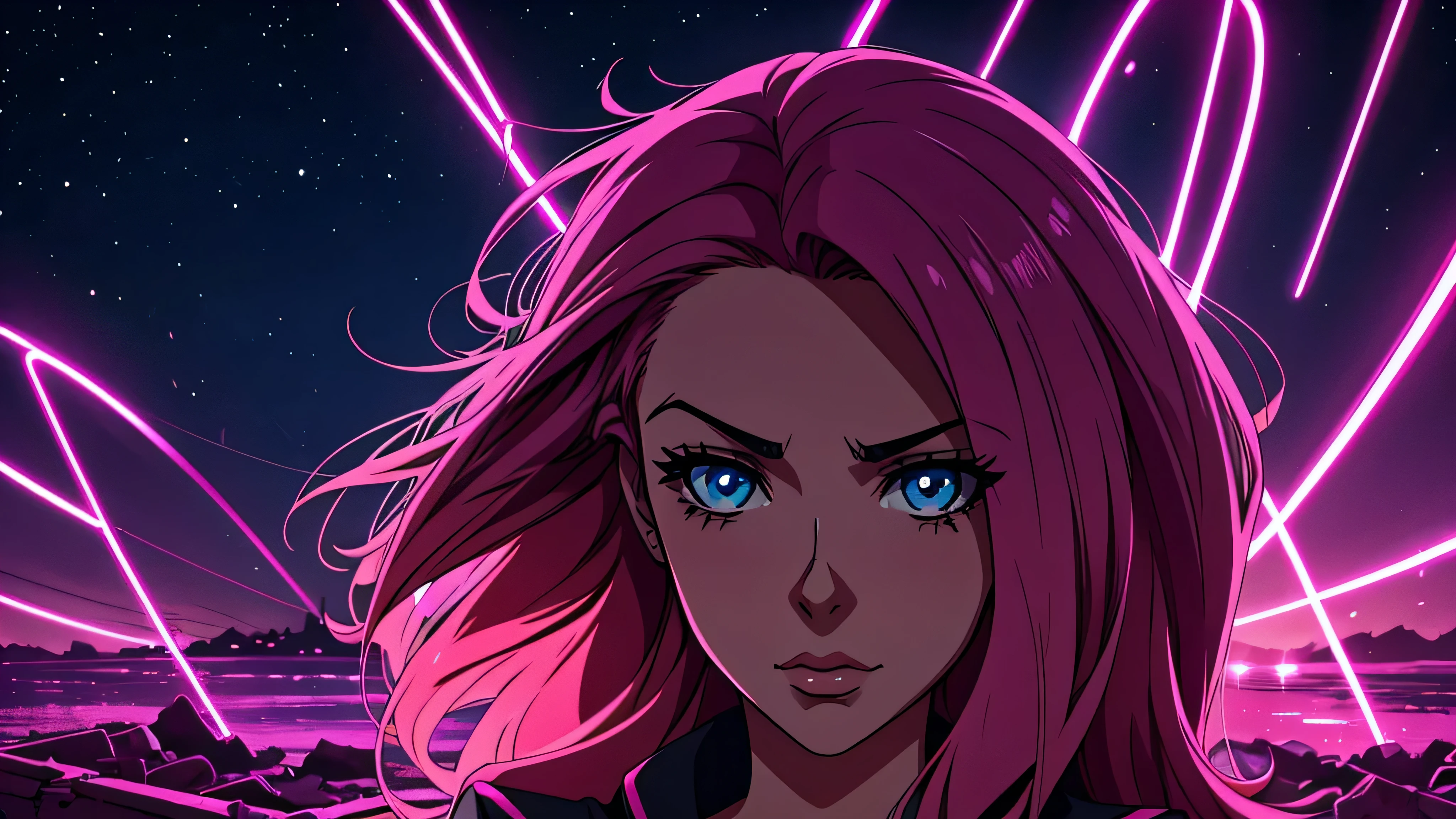 melhor qualidade, garota de anime, triste, ambiente escuro, rosa neon