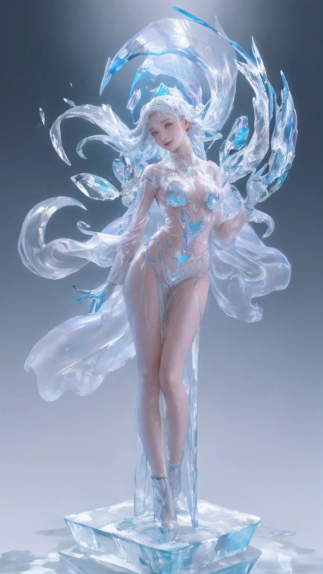 (a statue of a girl carved from ice, the body is completely transparent:1.6), (glowing fluorescent effect), sexy Korean idol face, wavy hair, from below, (upper thighs shot),