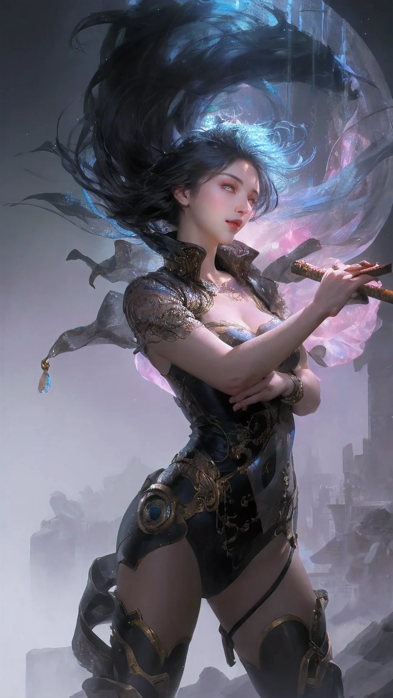 Epic CG masterpiece, cyberpunk style Chinese girl, stunningly beautiful, holding a samurai sword, tech and chinoiserie clothes, graphic tension, dynamic poses, stunning colors, 3D rendering, surrealism, cinematic lighting effects, realism, 00 renderer, super realistic,masterpiece, best quality, 32k uhd, insane details, intricate details, hyperdetailed, hyper quality, high detail, ultra detailed, Masterpiece,