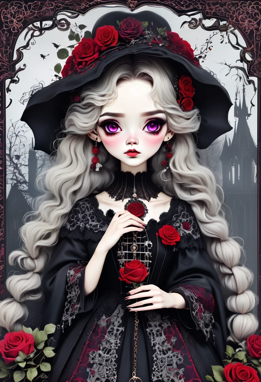 (Gothic character design sheet:1.5),Scary dolls,Red or dark purple lace、Embroidery and other decorations。She was wearing a long black coat and a tight skirt,Show elegant and mysterious temperament。Wearing a silver cross、chain etc..,old magic book,Romantic roses,