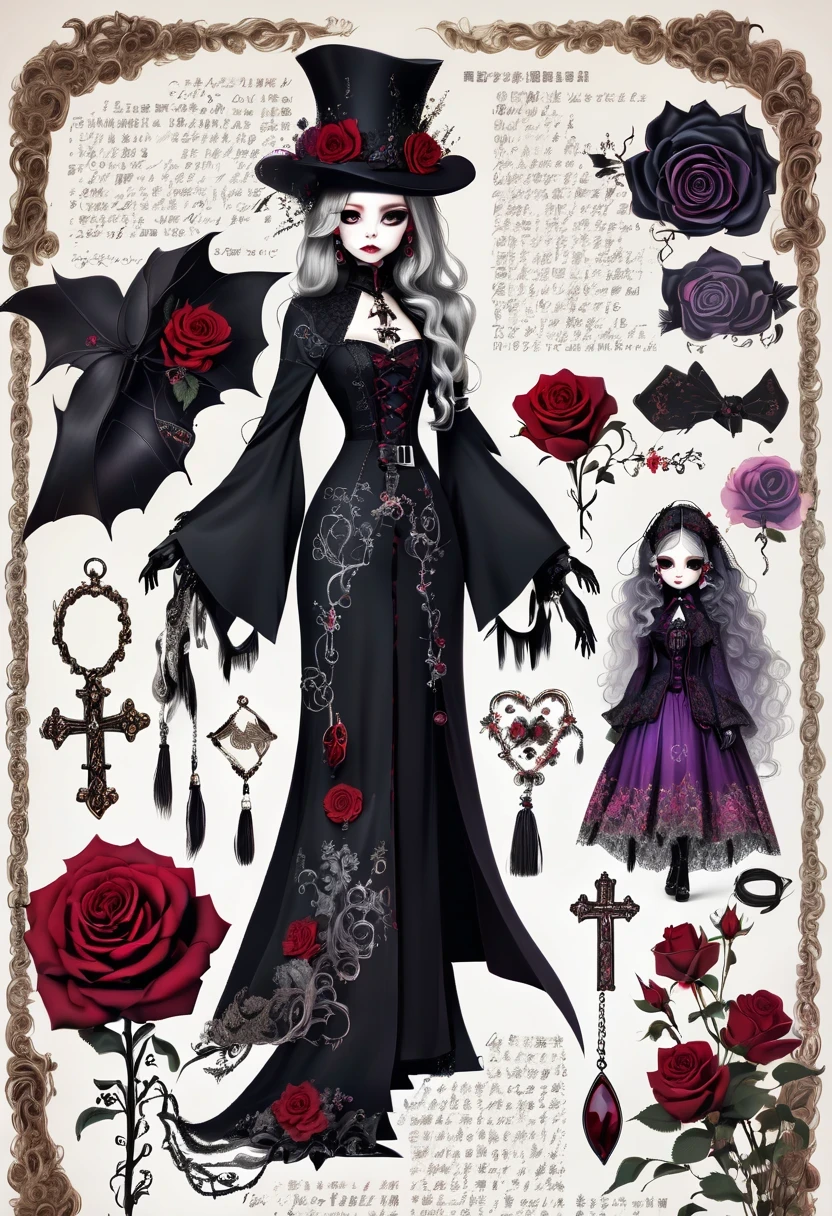 （Gothic character design sheet:1.5），(Scary dolls，Red or dark purple lace、Embroidery and other decorations。She was wearing a long black coat and a tight skirt，Show elegant and mysterious temperament。Wearing a silver cross、chain etc..，old magic book，Romantic roses，（orderly row:1.2，interval:1.2，no overlap:1.2），((clear lines，clean background，White background, ultra high definition, masterpiece, precise, anatomically correct, textured skin, Super detailed, high detail, best quality, 8k))