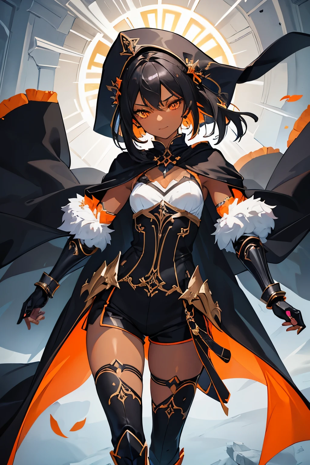 masterpiece, best quality, ((1 Girl)), (colorful),(finely detailed beautiful eyes and detailed face), ((Dark Skin)), lighting,extremely detailed CG unity 8k wallpaper, (white and black hair), (light theme:1.6), ((orange eyes)), fire, girl, ageless, ((1 female)), body shot,(Tiny smile) (((Game concept art))) ((silvery armor, black gauntlets and greaves)) having mostly the color black, but having parts in orange, shoulders exposed, at the hip a shorts that extend to half of the thigh of black color. ((Black cloak))